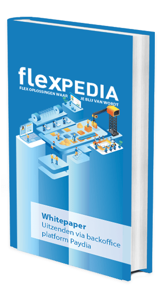Illustratie van een boek dat gaat over de whitepaper Uitzenden via Backoffice Platform Paydia. Paydia is de eigen uitzendbureau software van Flexpedia